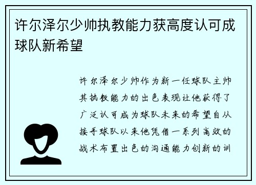 许尔泽尔少帅执教能力获高度认可成球队新希望 许尔泽尔少帅执教能力获高度认可成球队新希望