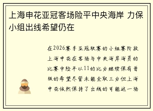 上海申花亚冠客场险平中央海岸 力保小组出线希望仍在